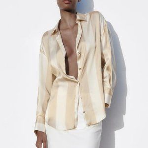NWT - Zara Satin Effect Oversized Shirt - Ecru/Beige Stripe - Size S